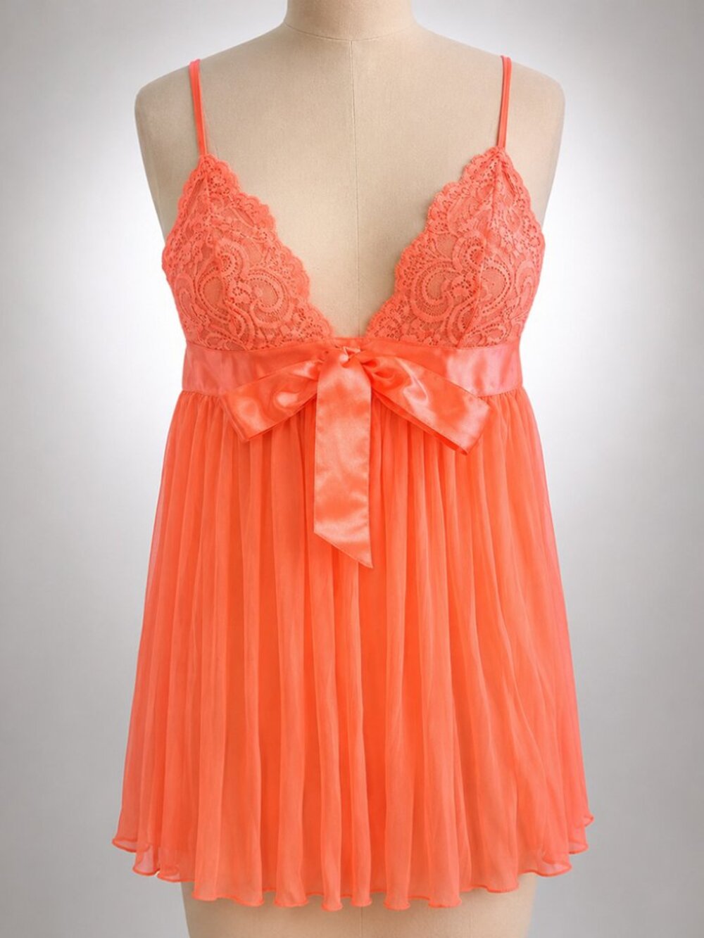 Victoria's Secret Peach Lace Babydoll Lingerie Sheer Pleated Satin Bow